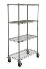 The Metro N336BBR Super Erecta 4-Shelf Wire Shelving Cart, Brite finish, features a sturdy 18 x 36 x 67.875 frame with four shelves on vertical poles. It glides smoothly on swiveling casters, providing evenly spaced storage with its grid-patterned design.