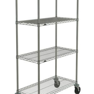 The Metro N336BBR Super Erecta 4-Shelf Wire Shelving Cart, Brite finish, features a sturdy 18 x 36 x 67.875 frame with four shelves on vertical poles. It glides smoothly on swiveling casters, providing evenly spaced storage with its grid-patterned design.