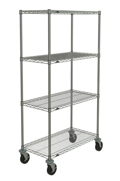 The Metro N336BBR Super Erecta 4-Shelf Wire Shelving Cart, Brite finish, features a sturdy 18 x 36 x 67.875 frame with four shelves on vertical poles. It glides smoothly on swiveling casters, providing evenly spaced storage with its grid-patterned design.