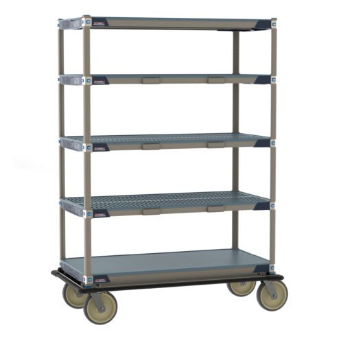 5mlq7b030vqa3irwqdgxre8resfynr2r.jpg The Metro ECT55CX3 MetroMax i Transport and Exchange Cart, 24 x 48, has five gray plastic shelves within a beige metal frame, features four large wheels for mobility, an industrial design, and perforated shelves for ventilation.