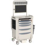 Presenting the Metro FLTEL Flexline Telemedicine Cart: a mobile medical workstation with a monitor, multiple drawers, side bins and holders, and bottom storage. It features a sleek light gray design with blue accents.