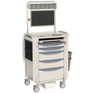 Presenting the Metro FLTEL Flexline Telemedicine Cart: a mobile medical workstation with a monitor, multiple drawers, side bins and holders, and bottom storage. It features a sleek light gray design with blue accents.