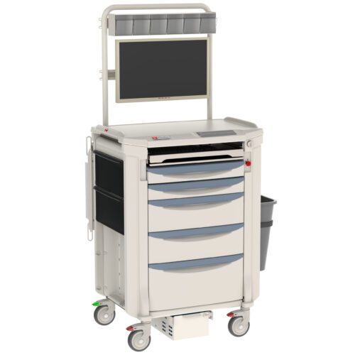 5n5johjrhq5hil8xez7zfqvsad7v6ddd.jpg Presenting the Metro FLTEL Flexline Telemedicine Cart: a mobile medical workstation with a monitor, multiple drawers, side bins and holders, and bottom storage. It features a sleek light gray design with blue accents.