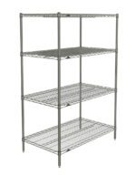 The Metro N546BR Super Erecta Starter Unit, Brite (24 x 42 x 63), is a freestanding industrial shelving system with four adjustable wire mesh shelves and a silver metal frame, ideal for kitchens, garages, or warehouses due to its sturdy design.