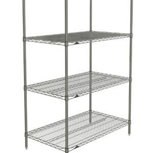 The Metro N546BR Super Erecta Starter Unit, Brite (24 x 42 x 63), is a freestanding industrial shelving system with four adjustable wire mesh shelves and a silver metal frame, ideal for kitchens, garages, or warehouses due to its sturdy design.