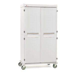 The Metro SXRD76MXD4 Starsys XD Extra Deep Mobile Supply Cabinet is a double-wide, tall, white storage unit with solid non-locking doors, silver handles, and four wheels for mobility, displayed against a plain white background.
