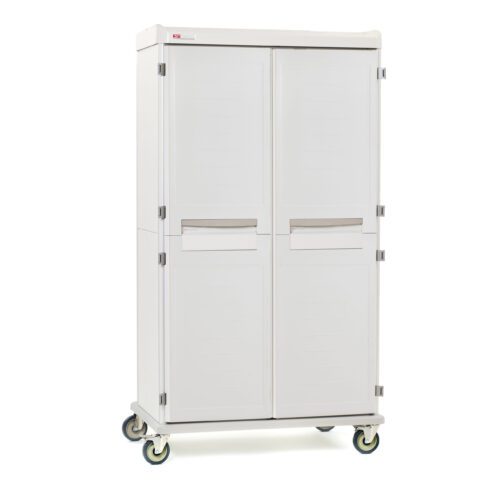 The Metro SXRD76MXD4 Starsys XD Extra Deep Mobile Supply Cabinet is a double-wide, tall, white storage unit with solid non-locking doors, silver handles, and four wheels for mobility, displayed against a plain white background.