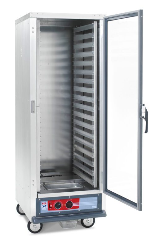 The Metro C519-HFC-L C5 1 Series Holding Cabinet is a tall metal unit on wheels with a glass door. It has aluminum slides for trays, control knobs, and a digital display. This full-height design operates at 120V, 60Hz with a powerful 2000W system.