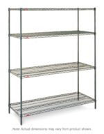 The Metro N516K3 Super Erecta 4-Shelf Industrial Wire Shelving Starter Unit, in Metroseal Green Epoxy, features four adjustable shelves supported by sturdy vertical rods. Designed for versatile storage, it measures 24 x 24 x 63. Dimensions may vary from the image.