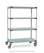 The MetroMax 4 X556PG4 is a 4-shelf industrial plastic shelving mobile cart with open grid shelves and swivel casters for easy movement. Each shelf measures 24 x 48 x 67.3125, but note that dimensions may vary.