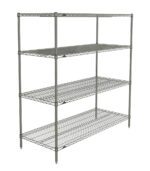 Discover the Metro N566BR Super Erecta 4-Shelf Wire Shelving Unit in a sleek Brite finish. This adjustable metal unit, measuring 24 x 60 x 63, is perfect for versatile storage in garages or kitchens with its metallic grid design.