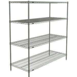 Discover the Metro N566BR Super Erecta 4-Shelf Wire Shelving Unit in a sleek Brite finish. This adjustable metal unit, measuring 24 x 60 x 63, is perfect for versatile storage in garages or kitchens with its metallic grid design.