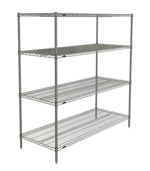 Discover the Metro N566BR Super Erecta 4-Shelf Wire Shelving Unit in a sleek Brite finish. This adjustable metal unit, measuring 24 x 60 x 63, is perfect for versatile storage in garages or kitchens with its metallic grid design.