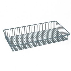 The Metro GWBSKT36 Glassware Handling Basket, 18 x 36, features a rectangular wire mesh with straight sides and an open grid bottom, designed for MetroMax Industrial Plastic Shelving. Its shown elegantly against a plain white background.