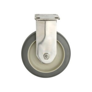 A Metro B5PRGSA 5 Polyurethane Rigid B-Plate Caster for Made-to-Order Truck Dollies, featuring a gray rubber wheel and metal bracket, is displayed front-facing on a white background.