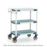 The MetroMax i MXUC2436FT-35L 3-Shelf Industrial Polymer Shelving Lab Utility Cart has a sturdy frame and solid top shelf mat, measuring 24 W x 36 L x 39.25 H, with four swivel wheels and a metal handle for easy mobility. Note: Actual dimensions may vary from product shown.