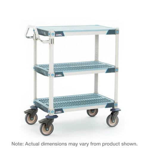 The MetroMax i MXUC2436FT-35L 3-Shelf Industrial Polymer Shelving Lab Utility Cart has a sturdy frame and solid top shelf mat, measuring 24 W x 36 L x 39.25 H, with four swivel wheels and a metal handle for easy mobility. Note: Actual dimensions may vary from product shown.