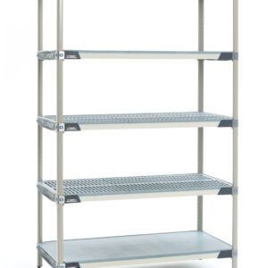 The MetroMax i 5X317HX3 5-Shelf Plastic Industrial Shelving Starter Unit measures 18 x 24 x 74, features five adjustable ventilated shelves and a solid bottom shelf, and includes side and bottom support bars for reliable storage. Dimensions may vary.