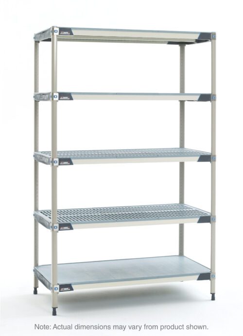 The MetroMax i 5X317HX3 5-Shelf Plastic Industrial Shelving Starter Unit measures 18 x 24 x 74, features five adjustable ventilated shelves and a solid bottom shelf, and includes side and bottom support bars for reliable storage. Dimensions may vary.
