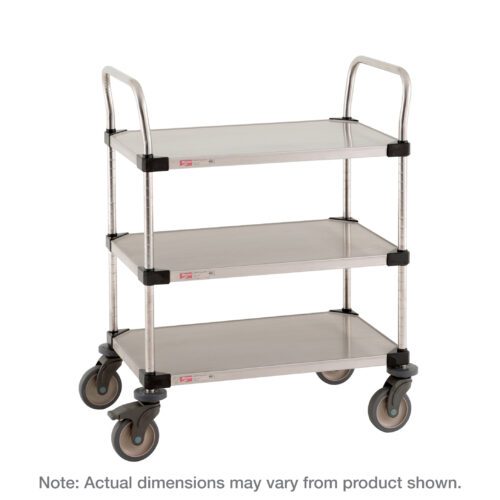 The Metro MW208L Super Erecta Lab Utility Cart, 24 W x 36 L x 39.5 H, comes with three stainless steel shelves on a sturdy metal frame, featuring four swivel wheels and metal handles. Actual dimensions may vary from the product shown.