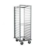 The Metro RF3NA33 Roll-In Refrigerator Pan Rack features 3 slide spacing, measures 23.375 x 28 x 64.75, and includes a gray continuous bumper, sturdy swivel casters for smooth movement, efficiently holding multiple trays.