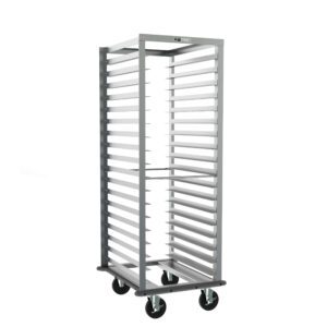 The Metro RF3NA33 Roll-In Refrigerator Pan Rack features 3 slide spacing, measures 23.375 x 28 x 64.75, and includes a gray continuous bumper, sturdy swivel casters for smooth movement, efficiently holding multiple trays.