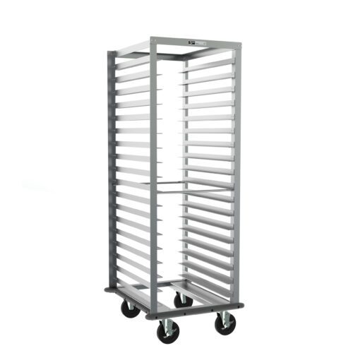 The Metro RF3NA33 Roll-In Refrigerator Pan Rack features 3 slide spacing, measures 23.375 x 28 x 64.75, and includes a gray continuous bumper, sturdy swivel casters for smooth movement, efficiently holding multiple trays.