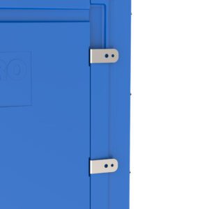 Close-up of a blue portable restroom side showing two silver hinges attaching the door to the frame, with an embossed logo reminiscent of the sleek design of Metro FL301 Rear Accessory Mount Brackets for Flexline and Lifeline Carts.