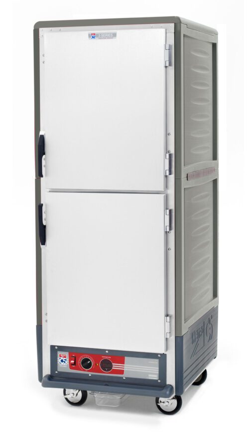 The Metro C539-HLDS-4-GY is a full-height, gray insulated holding cabinet with Dutch solid doors, fixed wire slides, and a 120V control panel. It rolls on wheels for easy mobility and operates reliably at 60Hz with 1440W of power.