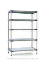 The MetroMax 4 5X367H4 unit is a sturdy five-tier shelving system, measuring 18 x 60 x 74, with slatted shelves and a solid bottom shelf. Ideal for storage, its freestanding and open. Note: actual dimensions may vary from those shown.