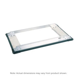 The Metro D2172SP Truck Dolly for 21 x 72 Shelving features a stainless steel rectangular frame with black rubber corners and a wraparound bumper, set against a plain white background. Note: Actual dimensions may vary from the product shown.