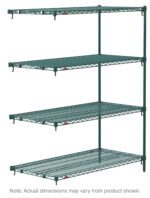 The Metro Super Adjustable Super Erecta AA536K3, a 4-shelf industrial wire shelving add-on unit in Metroseal green epoxy, has three sturdy tiers with vertical supports. Actual dimensions are approximately 24 x 36 x 63.