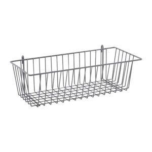 The Metro H210K4 Storage Basket, in Metroseal Gray Epoxy, features a grid-like design for visibility and ventilation. It measures 17.375 x 7.5 x 5 and has handles on both ends, making it ideal for Super Erecta Wire Shelving and SmartWall Wall Shelving.