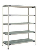 The MetroMax i 5X567GX3 5-Shelf Plastic Industrial Shelving Starter Unit, measuring 24 x 60 x 74, features five adjustable perforated shelves for optimal airflow and corner reinforcements for stability, offering a freestanding minimalist industrial aesthetic suitable for any space.