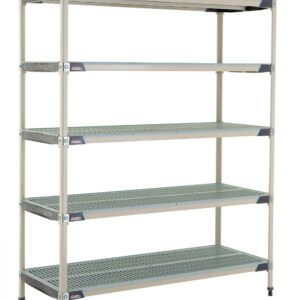 The MetroMax i 5X567GX3 5-Shelf Plastic Industrial Shelving Starter Unit, measuring 24 x 60 x 74, features five adjustable perforated shelves for optimal airflow and corner reinforcements for stability, offering a freestanding minimalist industrial aesthetic suitable for any space.