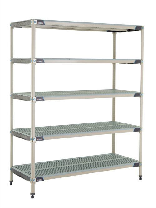 The MetroMax i 5X567GX3 5-Shelf Plastic Industrial Shelving Starter Unit, measuring 24 x 60 x 74, features five adjustable perforated shelves for optimal airflow and corner reinforcements for stability, offering a freestanding minimalist industrial aesthetic suitable for any space.