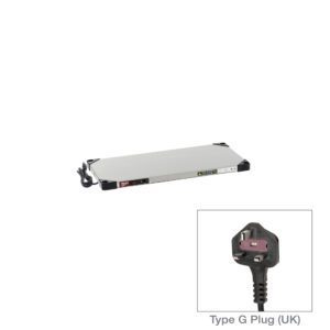 The Metro HSX1430-UK Super Erecta Hot Stainless Steel Heated Shelf is a rectangular metal heating pad with a control panel and power cord, featuring a Type G plug for 220-240V and delivering 168-200W of reliable heat.