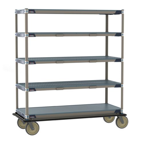 66h4s4lb14ig1fjet9zf880m0ktd1n6t.jpg The Metro ECT56CX3 MetroMax i Transport and Exchange Cart boasts a four-tier wheeled design with 24 x 60 gray shelves, a beige frame, rubber wheels for seamless movement, and perforated shelves for airflow, ideal for industrial or office storage.