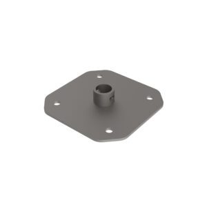 The Metro SABP14BR-4PK Seismic Shelving 1-Post Kit features a square base plate with rounded edges, four corner holes, and a central cylindrical protrusion with a mounting hole. The smooth matte gray finish makes it ideal for Super Erecta and MetroMax Shelving.