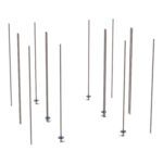 Numerous vertical metal poles of different heights, each with a circular base and similar to the structure of the Metro LBTEK4 qwikTRAK Double Deep Stationary End Unit Kit for Super Erecta Wire Shelving in Metroseal Gray Epoxy, are placed irregularly on a white background.