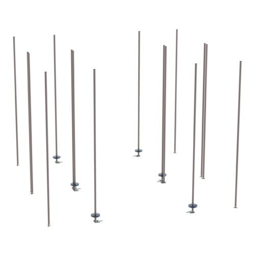 Numerous vertical metal poles of different heights, each with a circular base and similar to the structure of the Metro LBTEK4 qwikTRAK Double Deep Stationary End Unit Kit for Super Erecta Wire Shelving in Metroseal Gray Epoxy, are placed irregularly on a white background.