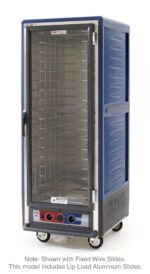 The Metro C539-MFC-L-BUA is a full-height, blue insulated cabinet featuring a clear front door, metal wire shelves, lip load aluminum slides, and control knobs at the bottom front. Designed for 120V and 2000W power, it highlights its features on an accompanying image.