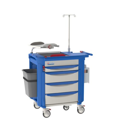 The Metro LECCRP2 Lifeline Crash Cart in blue offers mobility with wheels, includes multiple storage drawers, a side bin, and an IV pole, topped with a dependable defibrillator for emergencies.