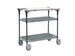 The Metro MS1836-PRPR-PK1 PrepMate MultiStation is a two-tiered utility cart with Super Erecta Pro shelves and Metroseal Green Epoxy posts, featuring a silver top shelf with orange accents and four swivel wheels for easy mobility.