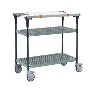 The Metro MS1836-PRPR-PK1 PrepMate MultiStation is a two-tiered utility cart with Super Erecta Pro shelves and Metroseal Green Epoxy posts, featuring a silver top shelf with orange accents and four swivel wheels for easy mobility.