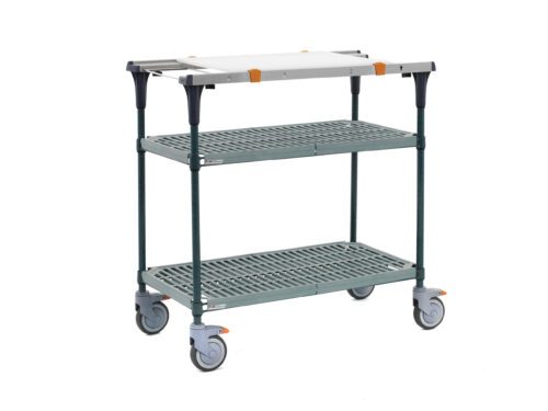 69a74eiskeg2oi11ioe2lt5deghkae5n.jpg The Metro MS1836-PRPR-PK1 PrepMate MultiStation is a two-tiered utility cart with Super Erecta Pro shelves and Metroseal Green Epoxy posts, featuring a silver top shelf with orange accents and four swivel wheels for easy mobility.