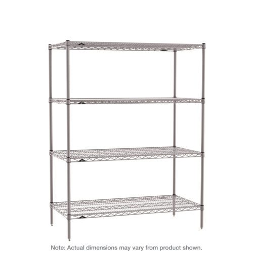 The Metro SE-187263K4-S-4 Super Erecta 4-Shelf Industrial Wire Shelving Starter Unit features four adjustable shelves and sturdy legs for optimal storage. Its durable Metroseal Gray Epoxy finish and lightweight design enhance durability. Dimensions: 18 x 72 x 63.