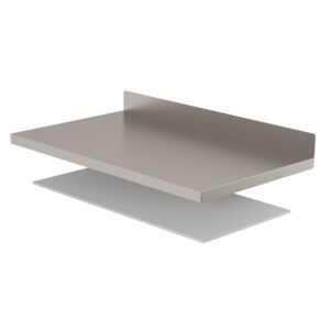The beige floating wall shelf, akin to the Metro SMW36 SmartLever Work Surface (30 x 36), showcases a minimalistic design with a flat rectangular surface and a short back lip for stability. The underside has a white glossy finish.