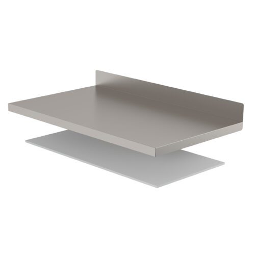 The beige floating wall shelf, akin to the Metro SMW36 SmartLever Work Surface (30 x 36), showcases a minimalistic design with a flat rectangular surface and a short back lip for stability. The underside has a white glossy finish.