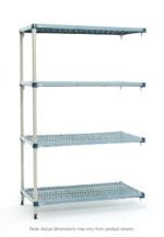 The MetroMax Q MQ-243074G-A-4 4-Shelf Plastic Industrial Shelving Add-On Unit measures 24 x 30 x 74, with a metal frame and four slatted shelves on vertical poles. Note: Dimensions may vary from whats shown.